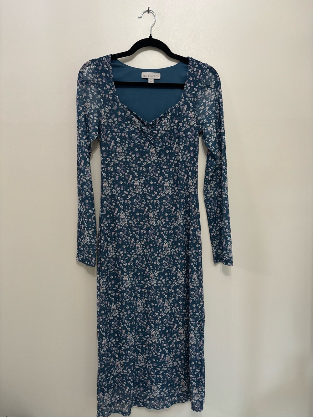 Thompson Teal Blue Floral Long-Sleeve Midi Dress